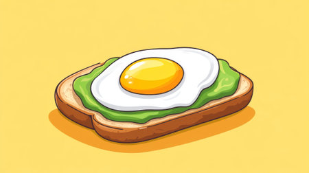 Delicious avocado toast topped with a perfectly cooked egg on a sunny yellow background. concept of modern cuisine, healthy breakfast, gourmet food.の写真素材