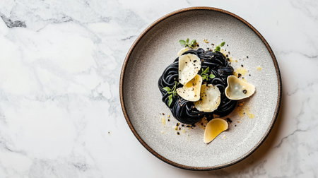 Elegant black squid ink pasta served on fine ceramic plate. concept of gourmet dining, modern cuisine, elegant presentation, copy space.の写真素材