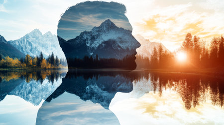 Silhouette of caucasian man with scenic mountain view at sunrise and sunset concept of dual nature, tranquility, reflection, serene landscape.の写真素材