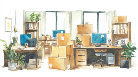 Modern office move with boxes and computers in watercolor art. concept of workplace transition,...