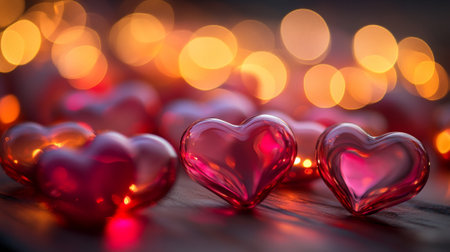 Romantic hearts in soft focus: close-up of delicate glass figures glowing with warm light. concept...