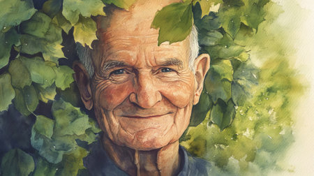 Elderly caucasian man smiling amid lush green leaves in watercolor illustration. concept of...