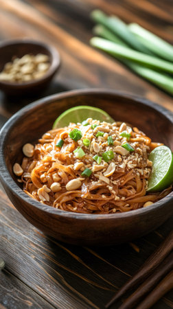 Authentic thai cuisine featuring delicious pad thai noodles garnished with peanuts. concept of...