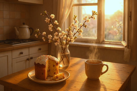 Traditional Easter cake with icing on rustic kitchen table with blooming spring branches and hot tea...