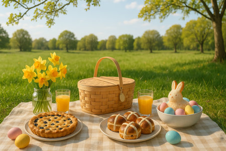 Easter Picnic Bliss, Delightful Outdoor Feast with Pastries, Eggs, and Juice Under Sunny Skies with Springtime Flowers and Greenery.の写真素材