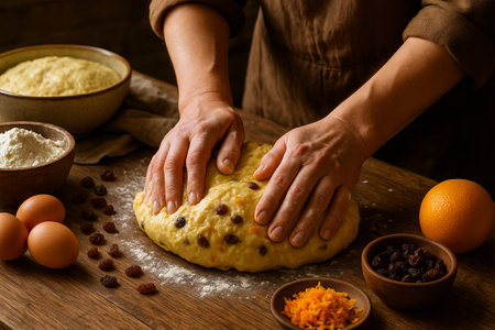 Easter Bread Baking and Preparation with Raisin and Orange Zest on Wooden Table. Concept of Homemade Cooking, Traditional Spring Celebration, Festive Bread Making, Culinary Craft.の写真素材