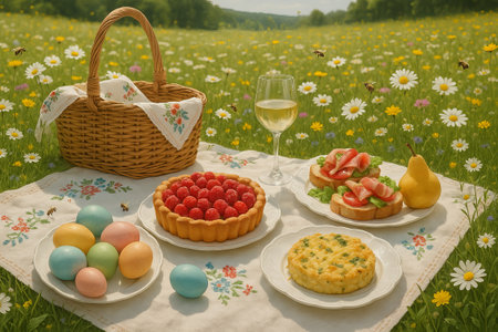 Easter picnic with colorful eggs, raspberry tart, sandwiches and wine on floral tablecloth in...