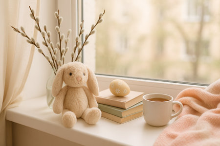 Cozy Easter Nook with Plush Bunny, Painted Egg, and Warm Drink by Window. Concept of Spring, Comfort, Holiday Decor, Peaceful Home Setting.の写真素材