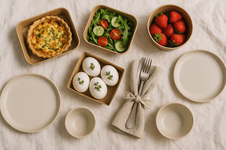 Elegant Easter Picnic Spread Featuring Fresh Salad, Quiche, Strawberries, and Decorated Eggs for a...