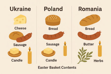 Flat infographic comparing traditional Easter basket contents in Ukraine, Poland, and Romania. cultural holiday food, regional customs, festive preparation, ethnic celebration. Isolated on light background.の写真素材