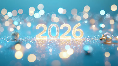 Bright and festive 2026 celebration with shimmering lights and decorations creating a joyful...