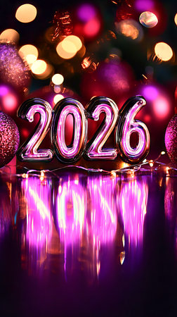 Celebratory New Year 2026 with colorful Neon decorations and shimmering lights creating a festive...