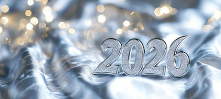 New Year 2026 celebration with shimmering lights and festive decorations creating a joyful atmosphere for welcoming the upcoming year concept, Banner.の写真素材