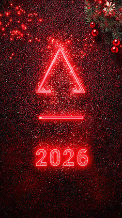 Glowing red neon christmas tree on glittery background for 2026 celebrations. concept of holiday spirit, festive decoration, new year vibes. Vertical.の写真素材