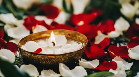 Warm glow from a floating candle in ornate bowl surrounded by rose petals. concept of serenity, romantic atmosphere, elegant decor.の写真素材