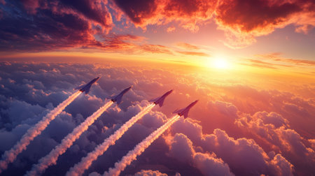 Fighter jets flying in formation at sunset with dramatic clouds and vibrant sky. concept of aerial maneuvers, military precision, airborne beauty.の写真素材