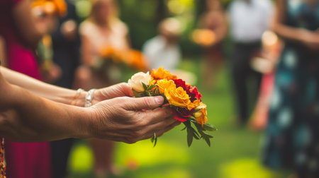 Close-up of caucasian woman's hands holding a vibrant flower garland at outdoor indian celebration. concept of nature appreciation, festive gatherings, cultural traditions.の写真素材