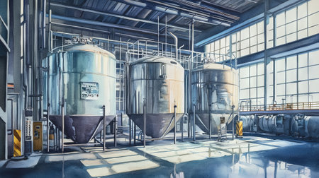 Watercolor illustration of industrial tanks in sunlit factory environment. concept of industrial architecture, detailed artistry, modern facility design.の写真素材