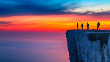 Silhouettes of people watching vibrant sunset over ocean on cliff edge. concept of natural beauty, tranquility, spectacular views.の写真素材
