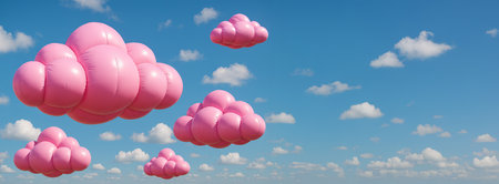 Surreal pink balloons in cloud formation against clear blue sky. concept of whimsical art,...