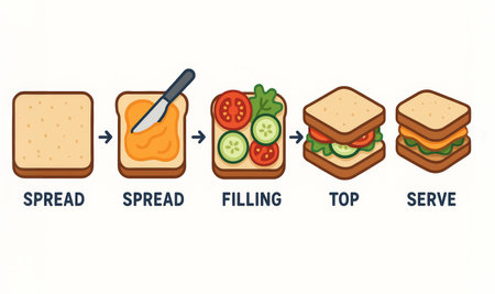 Step-by-Step Illustration of Making a Simple Sandwich with Fillings and Toppings, Highlighting Easy...