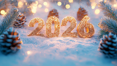 Glittering 2026 in snowy pine forest with glowing lights. concept of new year celebration, winter...