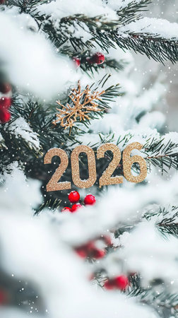 Snow-covered Christmas tree with 2026 decoration, festive red berries, and winter ambiance creating a joyful holiday spirit, winter celebration concept, New Year. Vertical.の写真素材