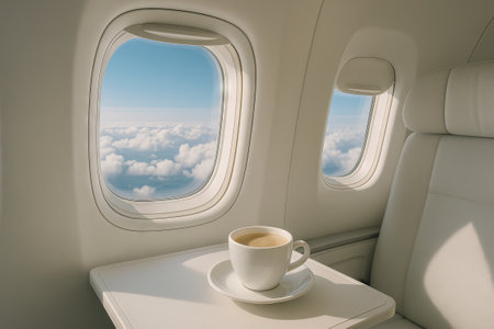 Scenic View from an Airplane Window with White Clouds and Blue Sky, with Hot Coffee on Tray Table in...