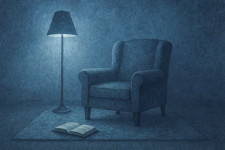 Cozy Room with Armchair and Open Book Under Soft Light from Lamp. Concept of Comfort, Relaxation, Tranquil Ambiance, Peaceful Reading Space, Serene Interior Design.の写真素材