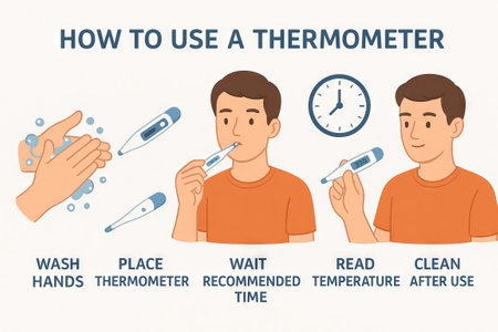 Illustrated guide of caucasian man using a thermometer step-by-step for accurate temperature...