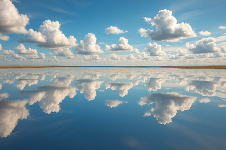 Scenic reflection of cumulus clouds in still water under blue sky on tranquil day. Concept of calm nature, peaceful landscape, dreamy horizon, serenity and natural symmetry.の写真素材