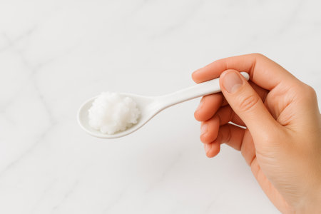 Hand holding a spoon of coconut oil on marble surface. concept of natural skincare, organic moisturizer, healthy cooking ingredient, minimalist elegance, self-care routine.の写真素材