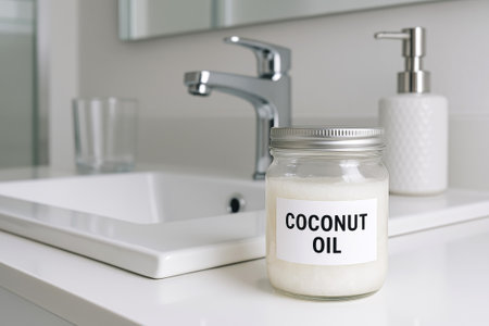 Coconut oil in a glass jar on a bathroom counter with silver faucet and soap dispenser. concept of...