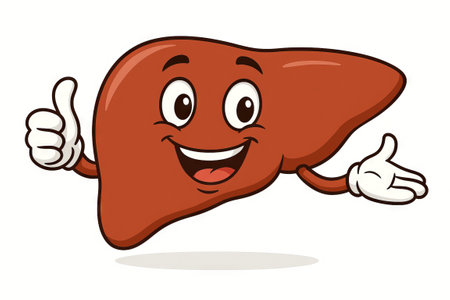 Cheerful cartoon liver with eyes and smile giving thumbs up. concept of health awareness, medical education, fun anatomy, positive health message, friendly organ illustration, white background.の写真素材