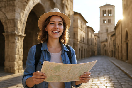 Smiling caucasian female tourist holding a map in a sunlit ancient city. concept of travel exploration, joyful adventure, cultural journey, historic sightseeing.のeditorial素材
