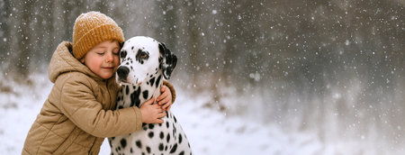 Cute little boy hugging Dalmatian dog outdoors in snowy winter forest. Concept of friendship, childhood love, winter pet companionship, snowy day joy, Copy space. Wide Banner.の写真素材