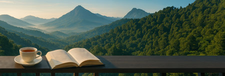 Cup of tea and open book on balcony overlooking mountain view. concept of relaxation, tranquility, leisure reading, serene morning, peaceful scenery, Copy space, Wide banner.の写真素材