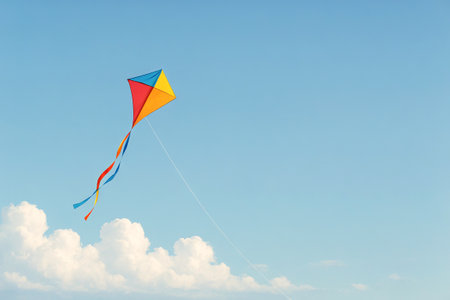 Colorful kite flying high in a clear blue sky with fluffy white clouds. concept of freedom, outdoor fun, windy adventure, joyful childhood, skyward dreams, Copy space.の写真素材