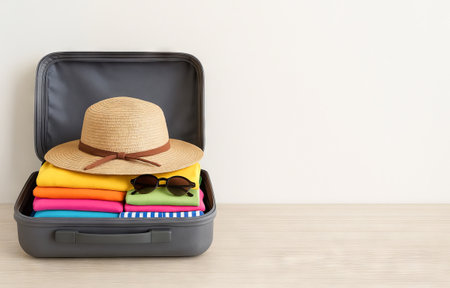 Summer suitcase with straw hat, colorful clothes, and sunglasses ready for beach vacation. concept of travel preparation, holiday packing, stylish summer accessories, vacation essentials, Copy space.の写真素材
