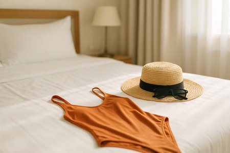 Beach accessories on bed with stylish swimsuit and straw hat in cozy sunlit hotel room. concept of summer travel preparation, relaxation, fashionable apparel, vacation aesthetic.の写真素材
