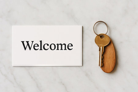 Welcome card with hotel room key on marble surface inviting hospitality and warm greeting. concept of invitation, hotel room, home access, comfort, guest reception, elegant aesthetic.の写真素材