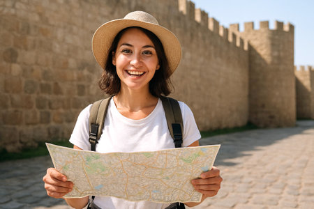 Smiling caucasian female tourist holding a map in a sunlit ancient city. concept of travel exploration, joyful adventure, cultural journey, historic sightseeing, Copy space.のeditorial素材