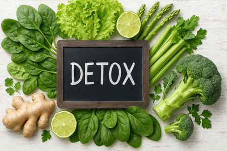 Fresh detox ingredients including leafy greens, ginger, and lime artfully arranged on rustic wooden surface. concept of healthy eating, natural cleanse, balanced nutrition, vibrant wellness.の写真素材