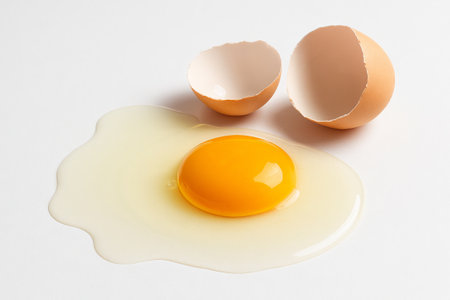 Cracked egg on white background with yolk and shells. concept of simplicity, culinary ingredients,...