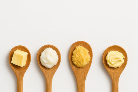 Set of wooden spoons with various types of fats including butter, lard, ghee and margarine on white background. cooking ingredients, culinary fats, healthy, white background, Copy space.の写真素材