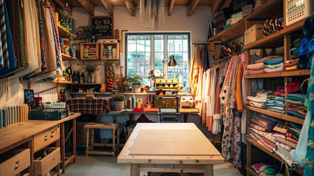 Colorful Cozy Sewing Workshop Interior Filled with Fabrics and Craft Tools. Concept of Creative Workspace, Textile Art, Handmade Projects, and Crafting Inspiration.の写真素材