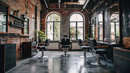 Modern Beauty Salon Interior with Stylish Chairs and Natural Light. Concept of Contemporary Design, Relaxing Atmosphere, Urban Chic, and Professional Haircare.の写真素材
