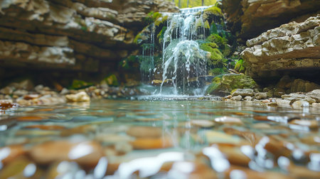 Serene hidden waterfall in a rocky canyon with crystal clear pool. concept of natural beauty,...