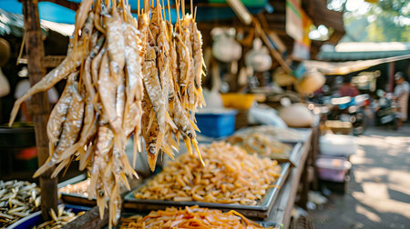 Dried fish hanging on rustic wooden rack at outdoor market. concept of traditional seafood preservation, rustic cuisine, market scenes, sunlit atmosphere. Cured fish.の写真素材