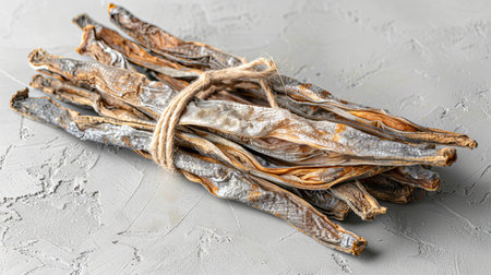 Bundle of dried fish tied with twine on textured surface. concept of traditional seafood, culinary ingredients, cultural preservation.の写真素材